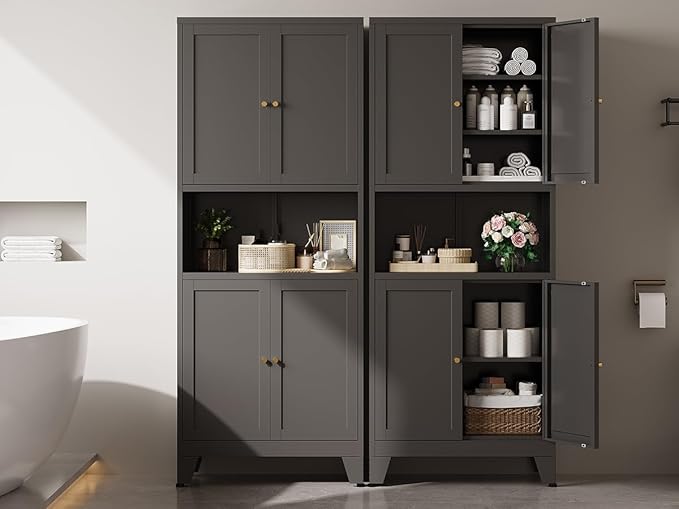 Metal Storage Cabinet, 69" Tall Bathroom Cabinets with 4 Doors & 3 Adjustable Shelves Large Cupboard, Black Metal Pantry Cabinets for Kitchen, Home Office, Garage, Warehouse