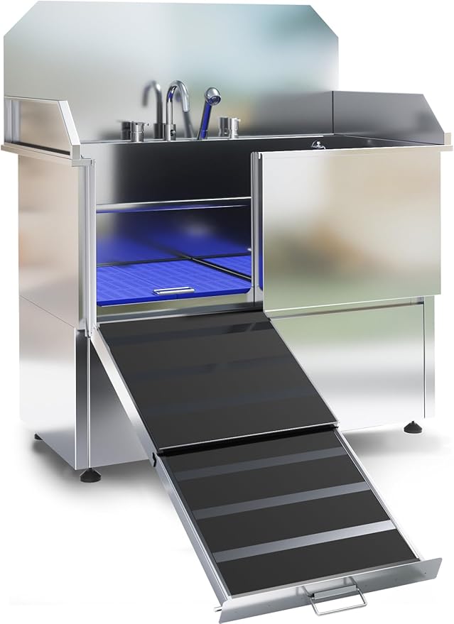 Dog Washing Station – 50 inch Professional 304 Stainless Steel Grooming Tub w/Ramp, Drawer, Faucet & Floor Grate, Dog Bathing Station for Large, Medium & Small Pets, 19" Leak-Proof Deep Soak
