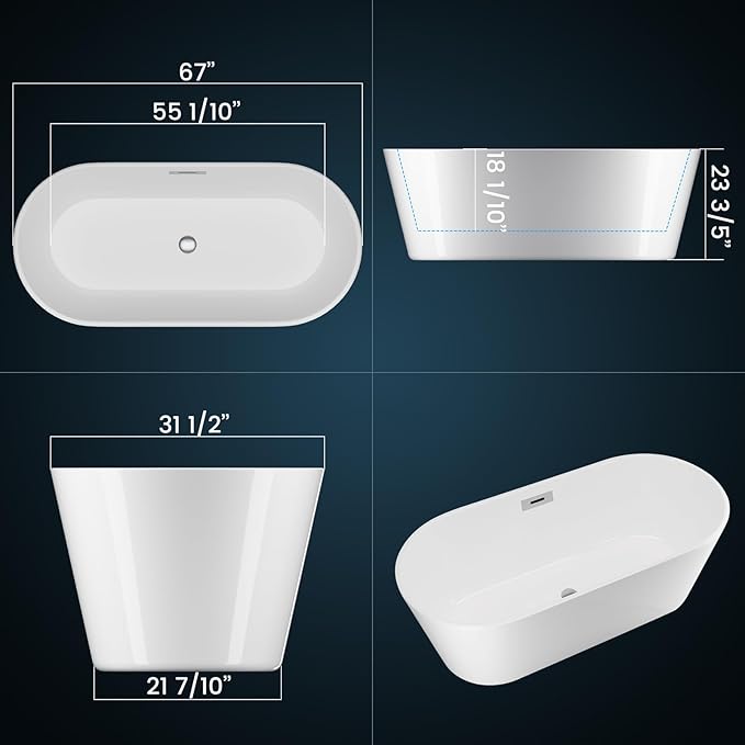 Freestanding Bathtub 67 inch Acrylic Soaking Tub – Modern Oval Freestanding Tub with Chrome Drain & Overflow for Home Spa or Bathroom Relaxation