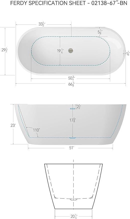 FerdY 67" Bali Elite Acrylic Freestanding Bathtub, Gracefully Shaped Freestanding Soaking Bathtub, cUPC Certified, Toe-Tap Brushed Nickel Drain and Minimalist Linear Design Overflow Included