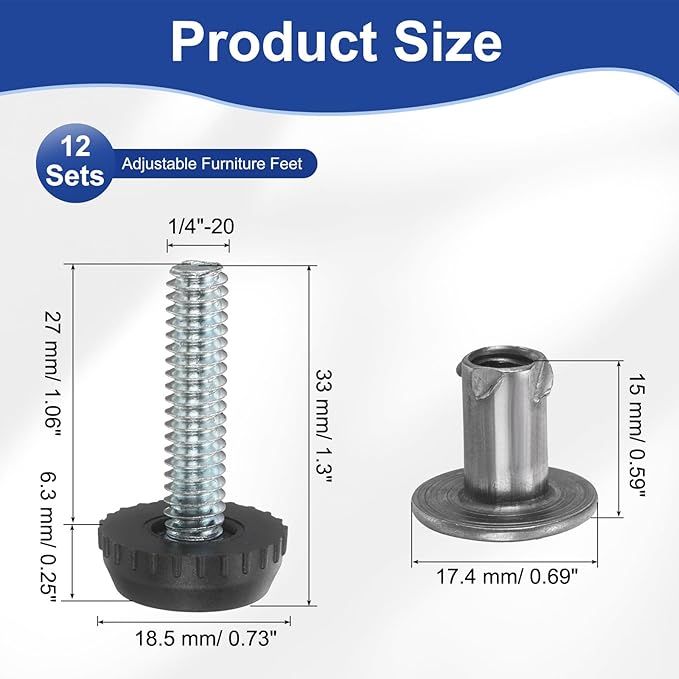 uxcell 1/4"-20 Thread Furniture Feet Levelers, 12Set 27mm L Adjustable Furniture Feet Screw in Threaded Leveling Leg Screw on Chair Foot Glides Leveling for Table Chair Cabinet Black