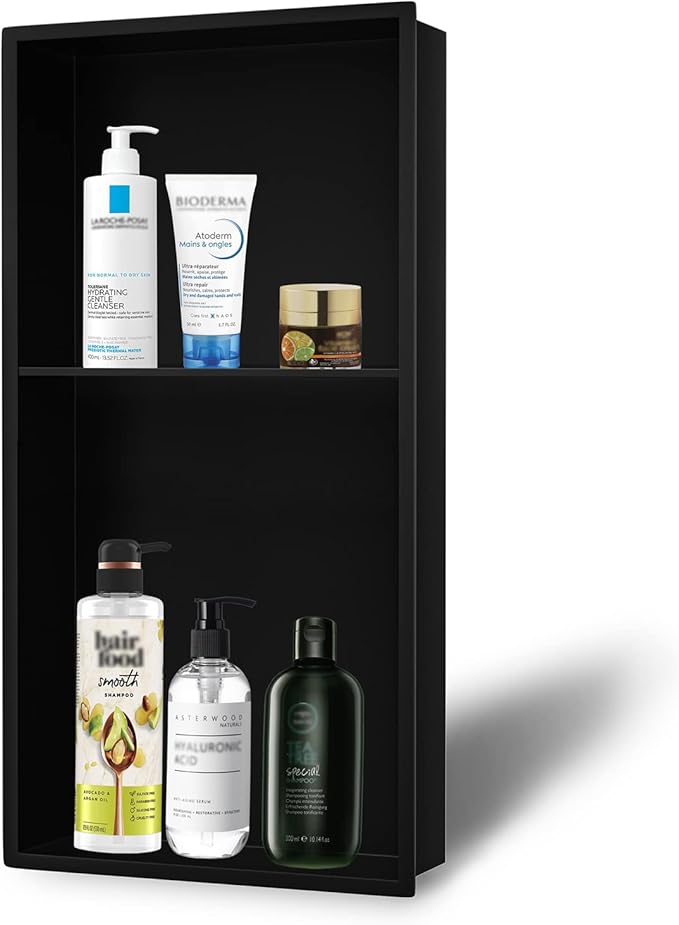 Neodrain No Tile Shower Niche, Stainless Steel Wall Cabinet 25.1"X13.1"(Inner Size 24"X12"), Two-Tier Bathroom Shelf, NO Tile Needed Recessed Niche Shower for Bathroom Storage, Matte Black