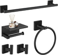 TURS 5-Pieces Matte Black Bathroom Hardware Set 23.6 Inch SUS304 Stainless Steel Towel Bar Set Wall Mounted Square Toilet Paper Holder with Shelf