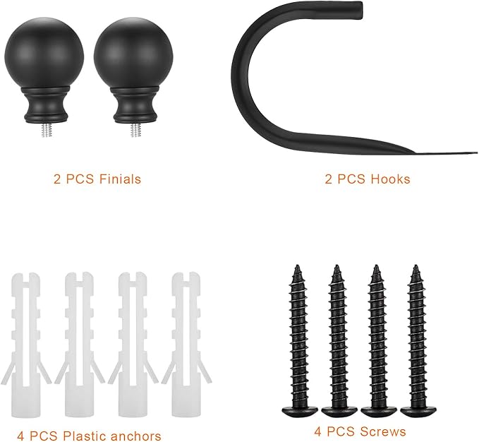 Double Curtain Rod, Adjustable 1 inch Double Drapery Rod Rods for Windows and Doors with Ball Round Finials and Brackets Set (Black Curtain Hooks, Standard)