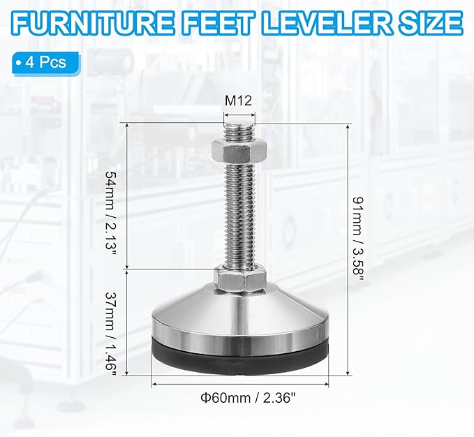 PATIKIL Furniture Leveling Feet 2.4" Dia Base M12 Thread, 4 Pcs Carbon Steel Adjustable Threaded Furniture Levelers Screw on Leg Leveler with Pads for Desk Chair Cabinet,Black/Silver