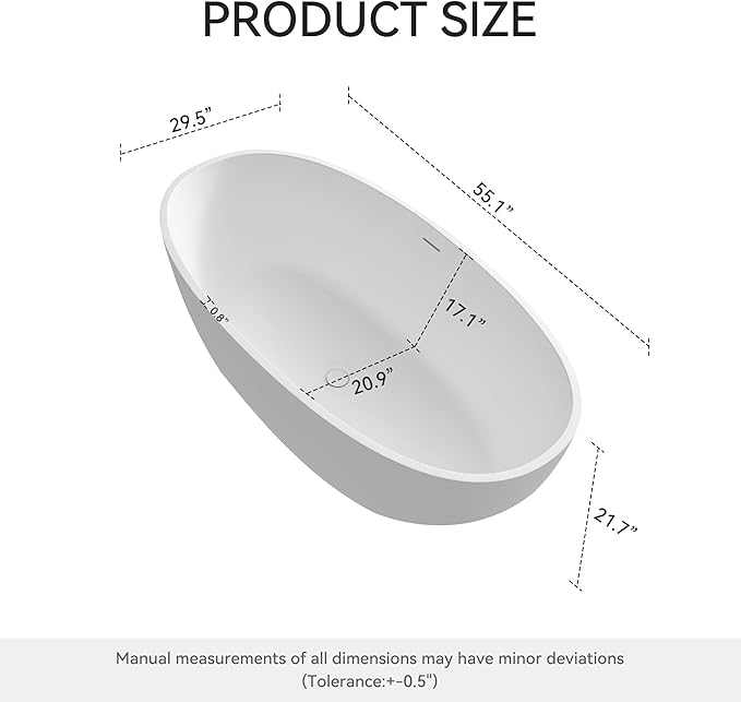 55" Premium Solid Surface Freestanding Bathtub, Upgraded Oval Stone Resin Tub with Overflow and Pop-up Drain, Matte White