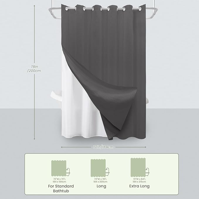 Inhousolu No Hook Waffle Weave Shower Curtain with Removable Snap in Fabric Liner Set for Bathroom, 230 GSM Heavy Duty Weighted Hem, Water Repellent Washable Bath Curtains, 72 x 78 Inch, Graphite Grey