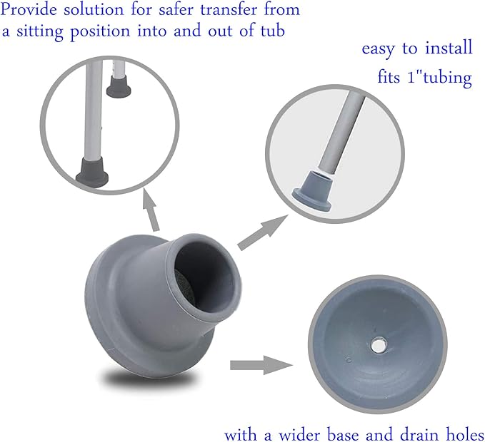 Replacement Feet for Shower Chair Bath Seat, shower stools and transfer bench, non-skid Shower Bench and Tub Transfer Benches Rubber Suction Cup Feet, Metal Insert Reinforced(Pack of 4) (1" I.D, Grey)