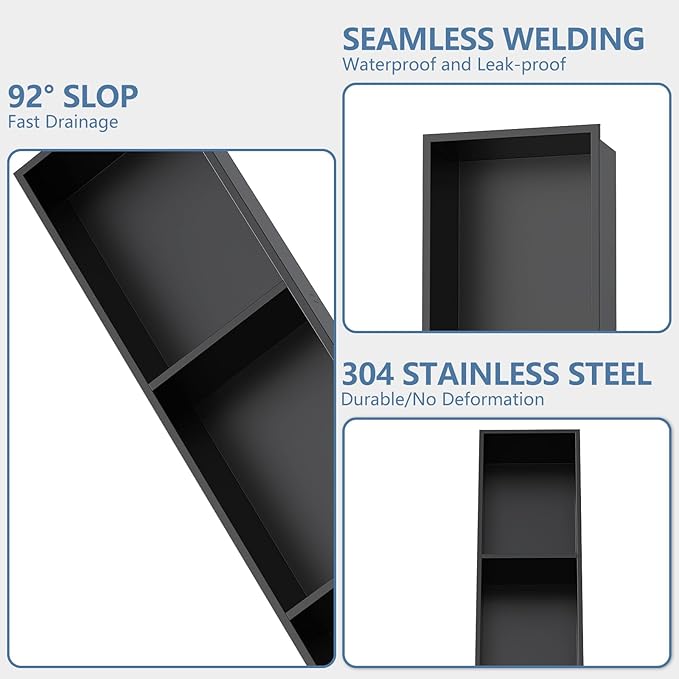 Homevacious 8" X 36" Stainless Steel Shower Niche No Tile Needed Matte Black 3 Tier Bathroom Shelf Rimless Recessed Wall Niche for Bathroom Storage