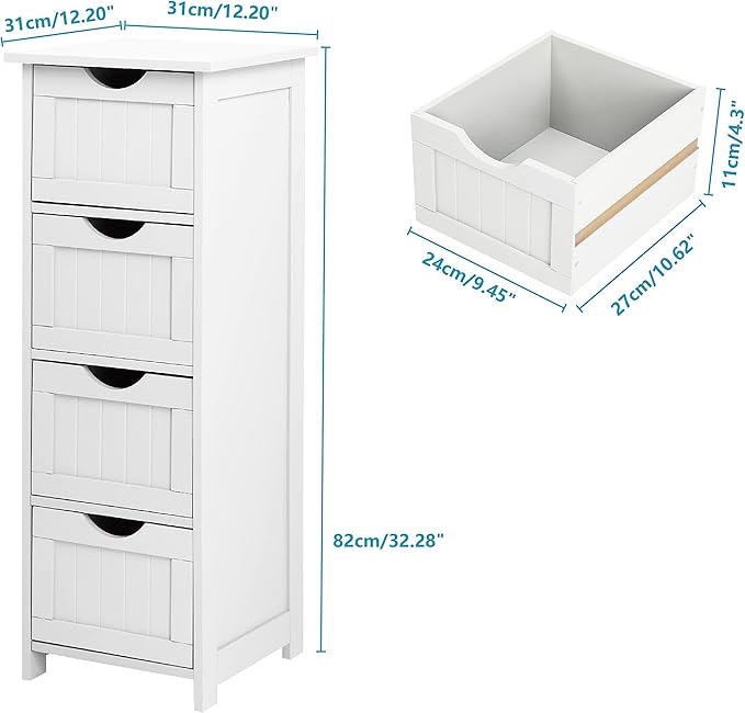 Bonnlo Skinny Bathroom Floor Storage Cabinet,White 12 Inch Wide Deep Small Storage Organizer with 4 Drawers, Wooden Modern Thin Free Standing Tower Cabinet w/ 4 Cute Drawers for Bathroom, Living Room