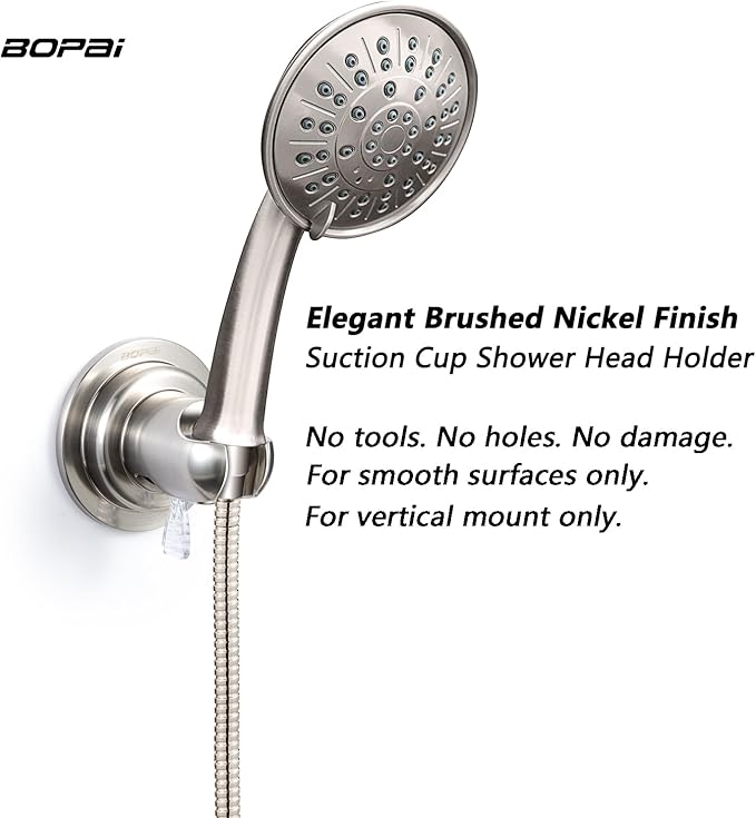 BOPai Suction Cup Shower Head Holder for Handheld Shower – No Drill, for Smooth Surfaces Only, Vertical Mount Only, Brushed Nickel