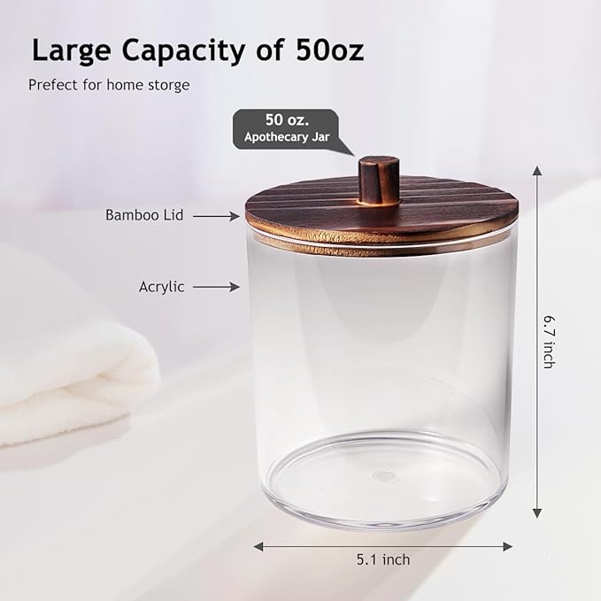 SheeChung 2 Pack 50 Oz Large Apothecary Jar with Wood Lid, Laundry Pods Container, Storage Jars for Bathroom Organization, Plastic Canisters with Cute Stickers Spoons(Dark Brown)
