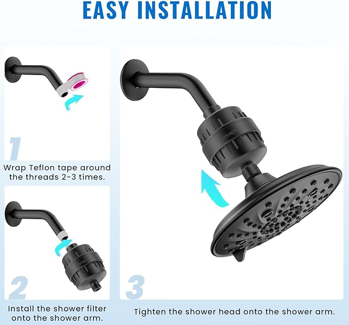 Ryamen Heavy Duty Shower Filter, Shower Water Filter, 99% REMOVAL Shower Head Filter for Hard Water, Heavy Metals, Chlorine (2 Cartridges, Black)