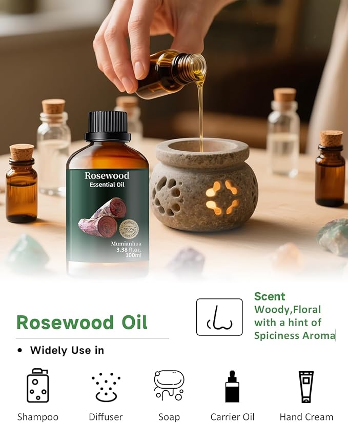 Rosewood Essential Oil for Outdoor Shield, Natural Protective Barrier, Sweet Woody Aroma for Reed Diffuser, Spray, Skin & Hair Care, DIY Blends, Candle, Soap, Making, DIY, Massage 3.38 Fl Oz