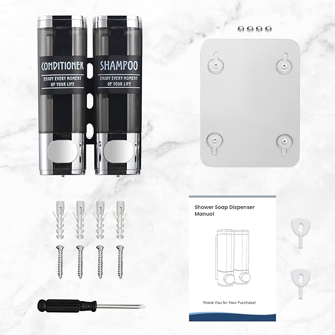 Shampoo and Conditioner Dispenser,GlintGath Shower Dispenser 2 Chamber No Drill Shampoo Dispenser for Shower Wall Mounted Shower Soap Dispenser for Bathroom Hotel,2 * 300ML,Chrome