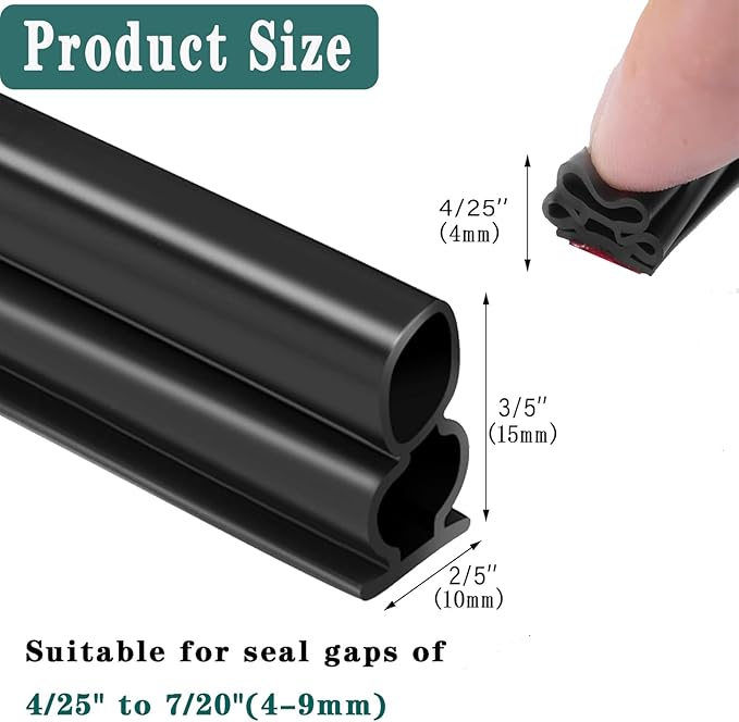 Door Seal Strip for Door Frame, Rubber Weather Stripping Door Seal, Self-Adhesive Extra Thick Insulation Strip, Soundproofing, Dustproof, Large Gap Filler (Black, 20 Ft)