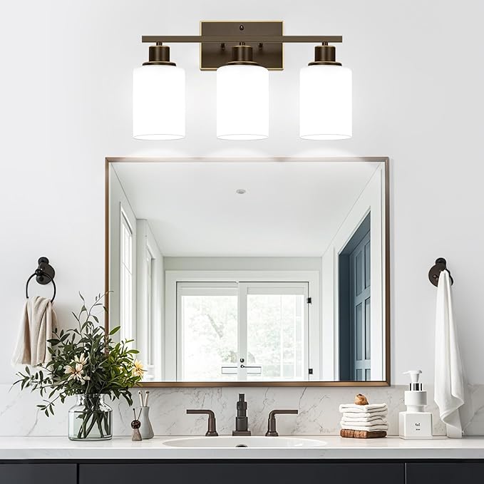 3-Light Bathroom Light Fixtures, Vanity Light with Milky White Shades, Oil-Rubbed Bronze Bathroom Light Fixtures Over Mirror, Modern Bathroom Wall Lamp for Mirror Living Room Cabinet Bedroom