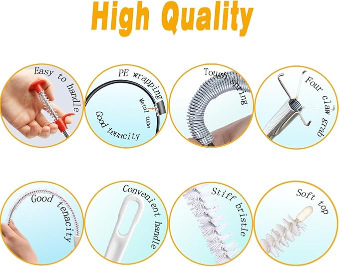62.5inch Drain Snake Hair Clog Remover - Multi-Functional Drain Auger, Hair Catcher & Cleaning Brush for Kitchen, Bathroom, Sewer, Bathtub, Sunroof, and Dryer Vent