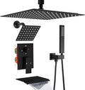 ENGA Dual Shower Head System with Tub Spout, Ceiling Mount 12 Inch Shower Head with 6 Inch Wall Mount Shower Head Shower Faucet Set, Matte Black