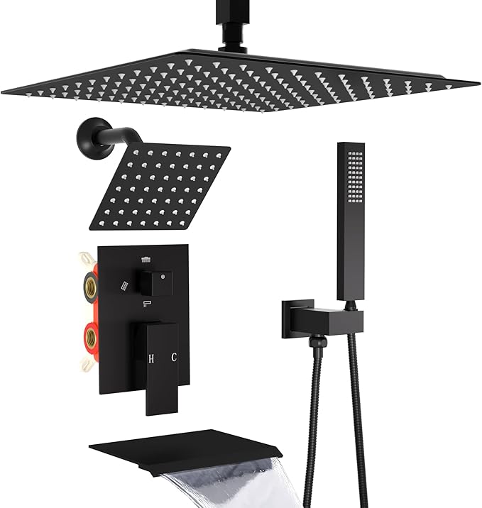 ENGA Dual Shower Head System with Tub Spout, Ceiling Mount 12 Inch Shower Head with 6 Inch Wall Mount Shower Head Shower Faucet Set, Matte Black