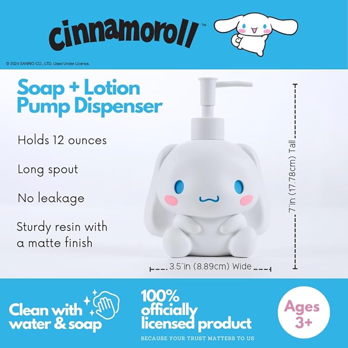Cinnamoroll Soap/Lotion/Hand Sanitizer Resin Pump Dispenser, 12 Ounces, (Officially Licensed Product) by Franco Collectibles