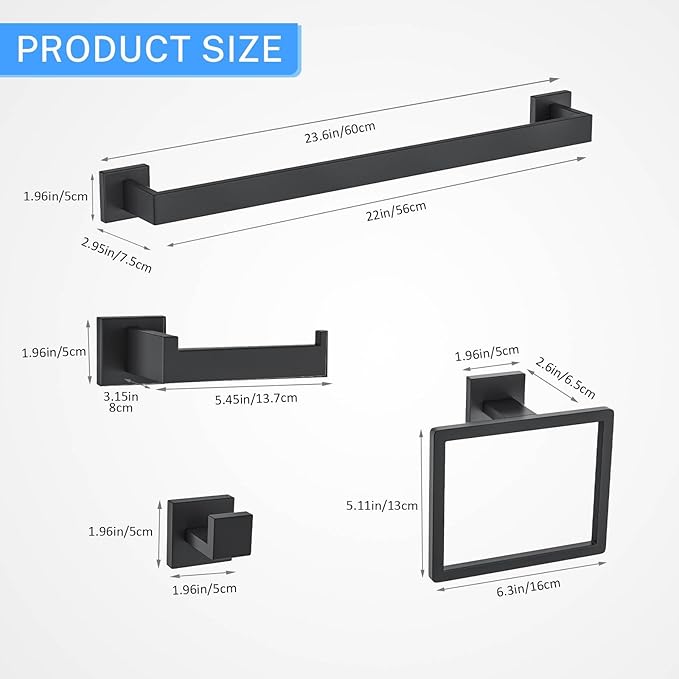 10-Piece Matte Black Bathroom Hardware Accessories Set Black Towel Bar Set Towel Holder Set Stainless Steel Wall-Mounted Towel Rack Set for Bathroom,23.6 Inch Towel Bar