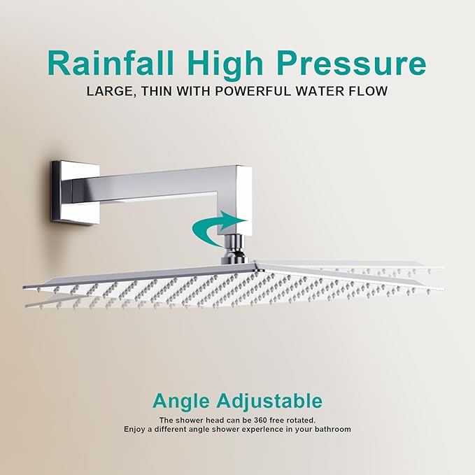 Square Rain Shower Head, High Flow Stainless Steel,Work with any decorative style，All Metal Rainfall Shower Head (Chrome, 12)