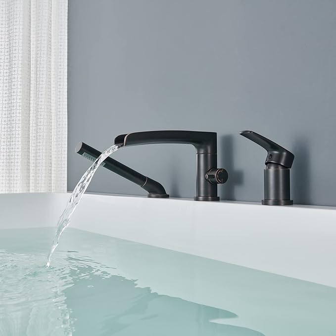 Waterfall Roman Tub Faucet Oil Rubbed Bronze Deck Mount Bathtub Faucets Brass Tub Filler Bathroom Faucets with Hand Shower