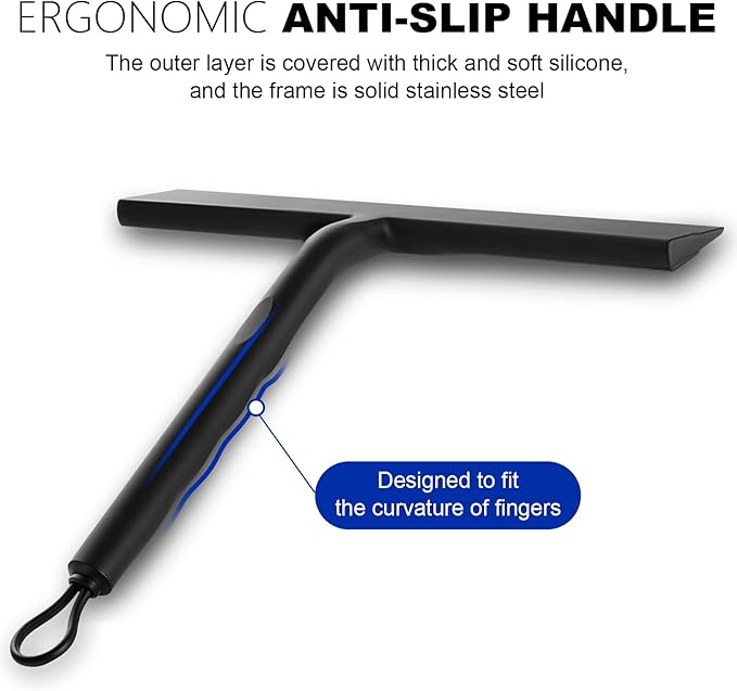 Shower Squeegee for Glass Doors, 8.5" Slicone Squeegee for Shower Glass Door, Black Shower Squeegee for Shower Doors Windows Mirrors Cars Cleaning, Shower Door Squeegee with 2 Hooks