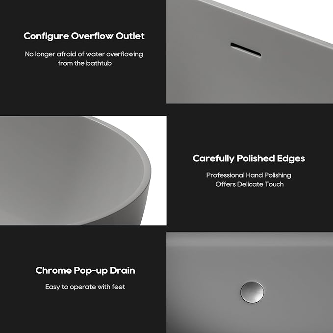 SJ STAR&JANE 59" Solid Surface Freestanding Bathtub Oval Stone Resin Soaking Tub Modern Stand Alone Tub with Overflow & Pop-up Drain for Bathrooms Dark Gray