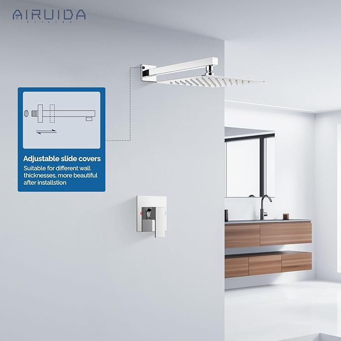 Airuida Shower Faucet Set Bathroom Rain Shower System SUS304 Stainless Steel Single Handle With Male Threads Rough-in Valve Shower Trim Kit 12 Inch Wall Mount Shower Head Chrome Polish