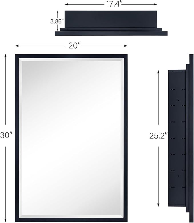 TEHOME Black Recessed Bathroom Medicine Cabinet with Mirror Squared Corner Rectangle Metal Framed Medicine Cabinet with Beveled Mirror 20x30''