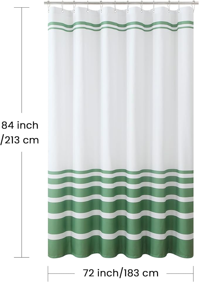 Extra Long Green and White Striped Shower Curtain 72x84 Inches, Waterproof Fabric with Modern Gradient Lines, 12 Rustproof Grommets & Weighted Hem