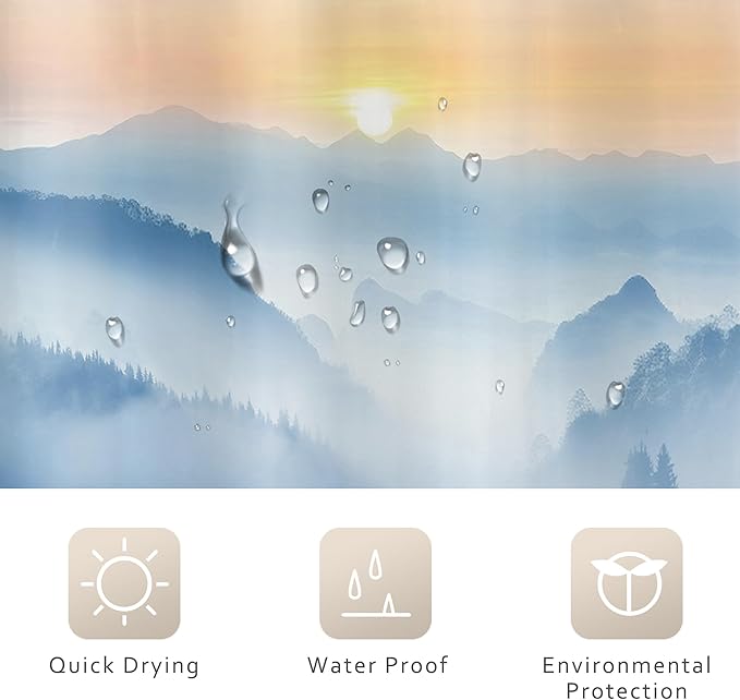Riyidecor Misty Mountain Shower Curtain 72Wx72H Inch Blue Sunrise Scenery Foggy Woodland Greenery Smokey Tree Nature Pine Scenic Rustic Bathroom Decor Fabric Polyester Waterproof 12 Pack Hooks