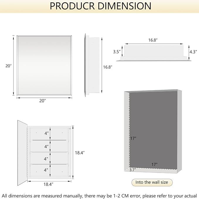 Bathroom Medicine Cabinet with 20x20 in Square Beveled Frameless Mirror,Wall Mounted Mirror Cabinet for Bathroom Toilet Kitchen,Recess or Surface Mount,Already Assembly