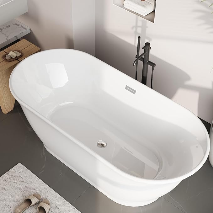 Freestanding Bathtub, 59 Inch Acrylic Soaking Tub, Elliptical Design with Chrome Drain & Overflow, White Finish for Contemporary Bathrooms