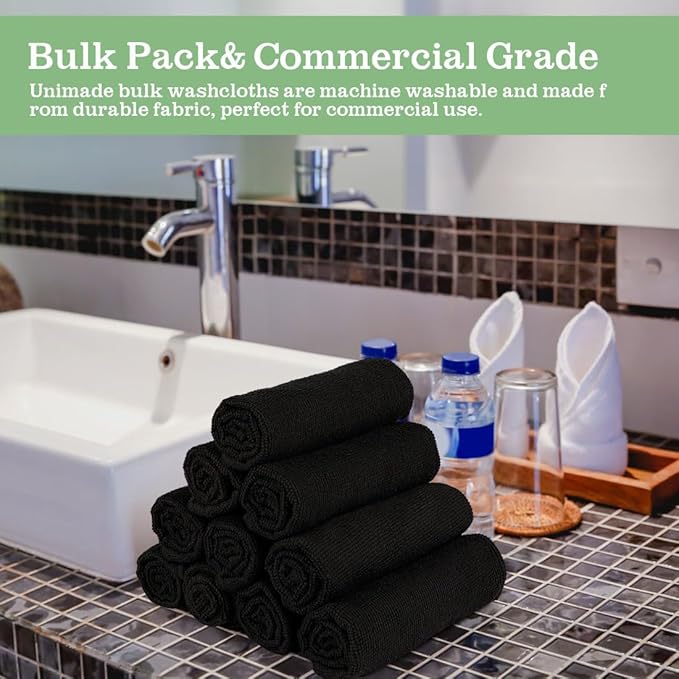 Washcloths Bulk - 100 Pack - Face Towels (12" x 12"), Highly Soft Wash Cloths and Hand Towels, Fast Drying Multi-Purpose Microfiber Cleansing Cloths for Bathroom, Hotel, Spa, and Salon - Black