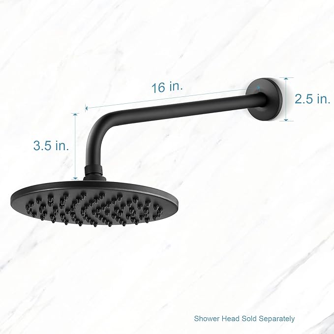 OFFO Shower Arm with Flange, 16 in Wall Mount Replacement Angle Shower Head Arm Wall-Mounted For Fixed Shower Head & Handheld Showerhead, Matte Black