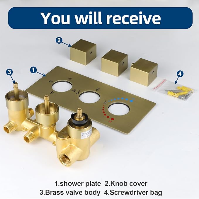 Brass 4 Ways Shower Diverter Valve Brushed Gold, HOMEDEC Thermostatic 4 Outlets 3 Handles Control Shower Mixing Mixer Valve Trim Kit Replacement, 3/4inch Rough In