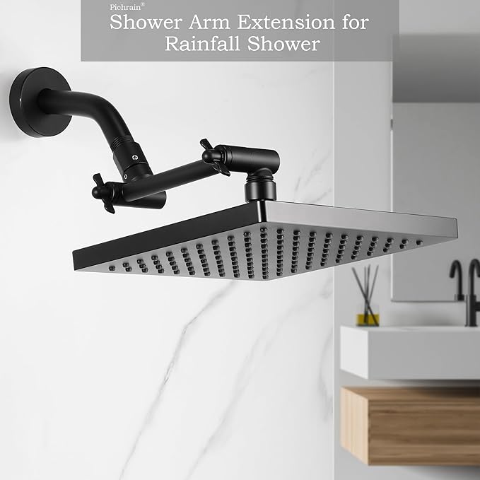 6 Inch Adjustable Shower Head Extension Arm, All-Metal Shower Arm Extender with Locking Set Screw for Rainfall, Fixed, Handheld Showerheads, G1/2 Universal Thread, Easy Installation, Matte Black