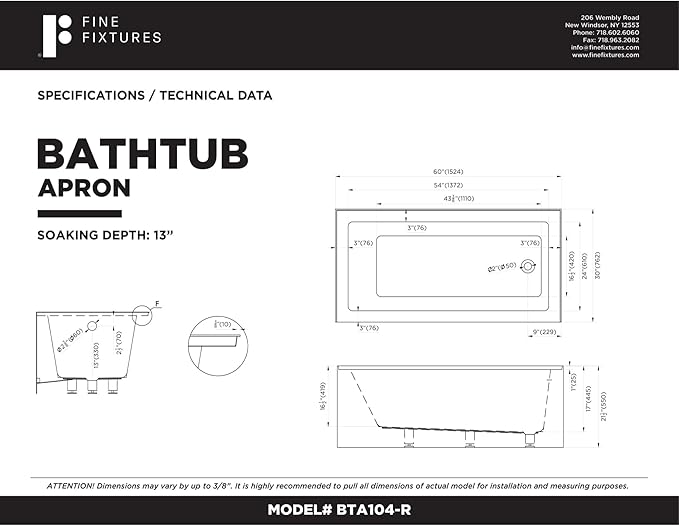 Fine Fixtures Acrylic, Fiberglass Alcove Soaking Bathtub with Integral Apron Front in Glossy Black - Right Hand Drain, 60" x 30"