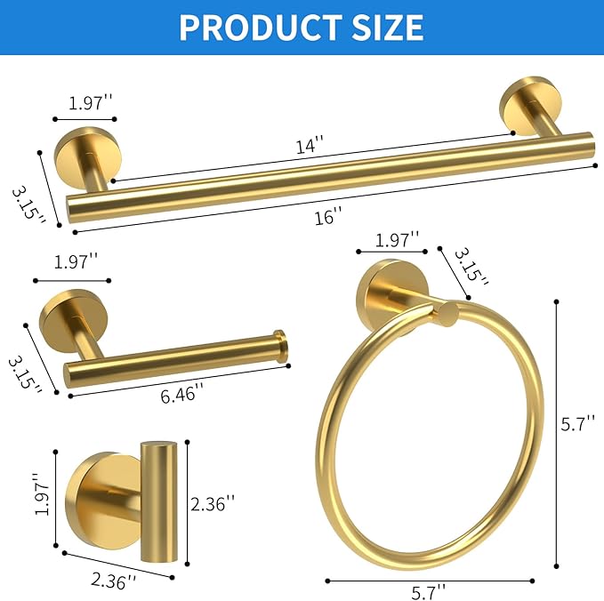 Brushed Gold Bathroom Accessories, Bathroom Hardware Set, SUS304 Stainless Steel Bathroom Towel Holder Set, 16 Inch Towel Bar Set 5 Pcs, 2 Towel Hooks, Toilet Paper Holder, Towel Ring