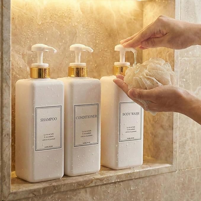Modern Gold Design Shampoo and Conditioner Dispenser, Large 27oz Shower Soap Dispenser, Set of 3 Refillable Empty Plastic Pump Bottles for Bathroom and Body Wash (6 Waterproof Labels Included), White