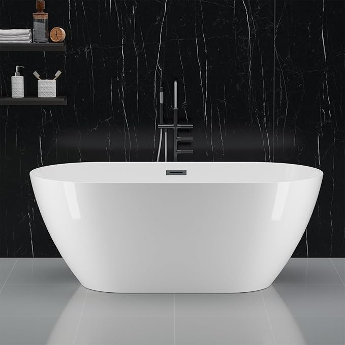 67" Acrylic Freestanding Bathtub, Modern Deep Soaking Tub, cUPC Certified Free Standing Tub, Chrome Drain/Overflow, White Acrylic, Flora White