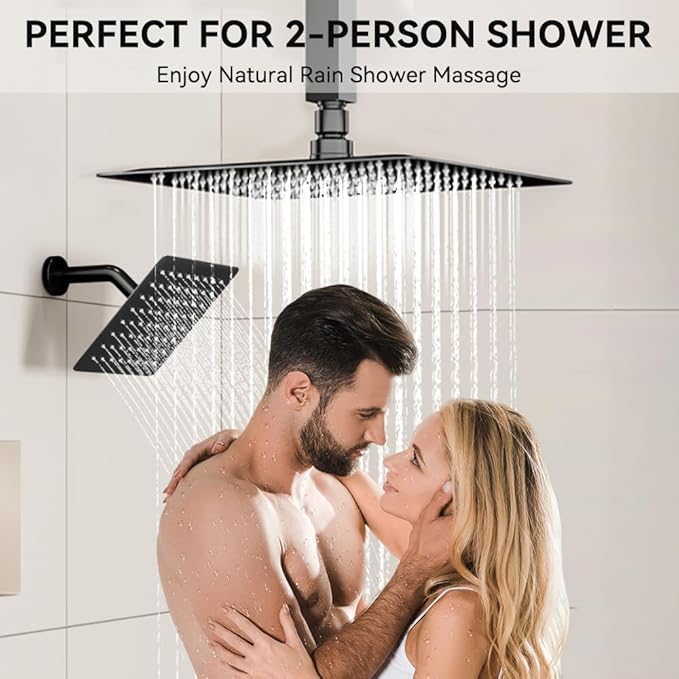Shower Faucet Set, 12" Shower System with Rain Shower and Handheld, Ceiling Mount Dual Head Can Run All Together For Two People, 3 Way Shower Valve with 5 Diverter Complete, Matte Black