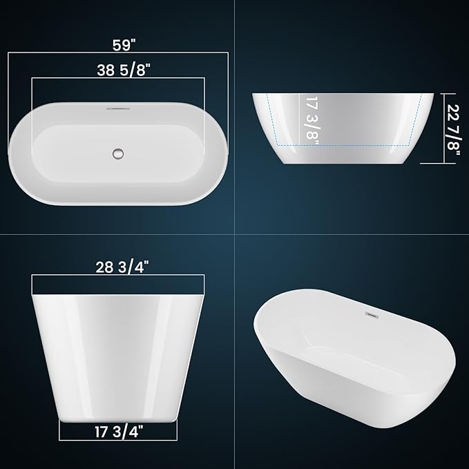 Acrylic Freestanding Bathtub 59 inch – Elegant Oval Soaking Tub with Chrome Drain Assembly, Modern Stand Alone Bathtub for Bathroom Remodel or Home Spa Relaxation