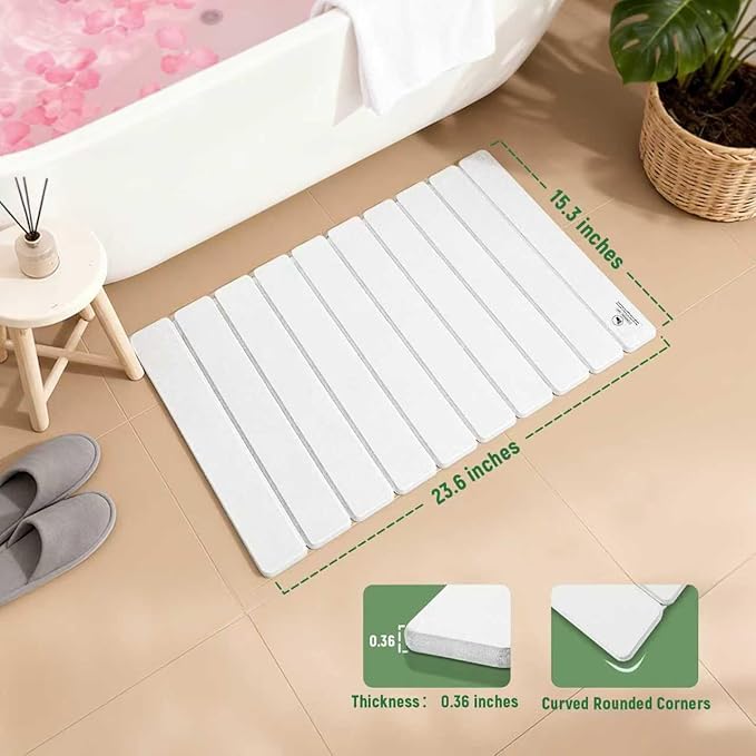 Stone Bath Mat for Water Absorption, Foldable Diatomite Stone Mat, Non-Slip & Quick-Drying White Square Bath Mat with Modern Minimalist Style, Easy to Clean, for Bathroom/Kitchen/Hallway