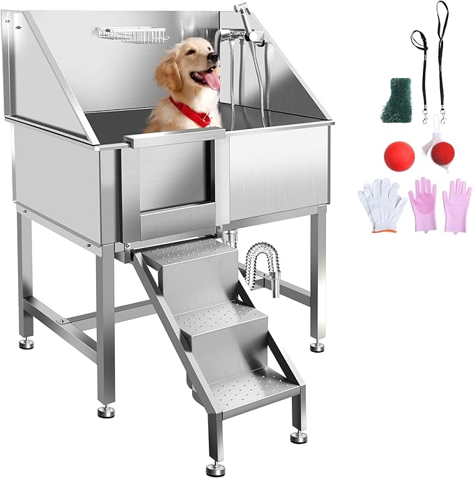38" Stainless Steel Dog Cat Pet Grooming Bath Tub (w/Faucet, Sprayer, Shampoo Rack),Left Door