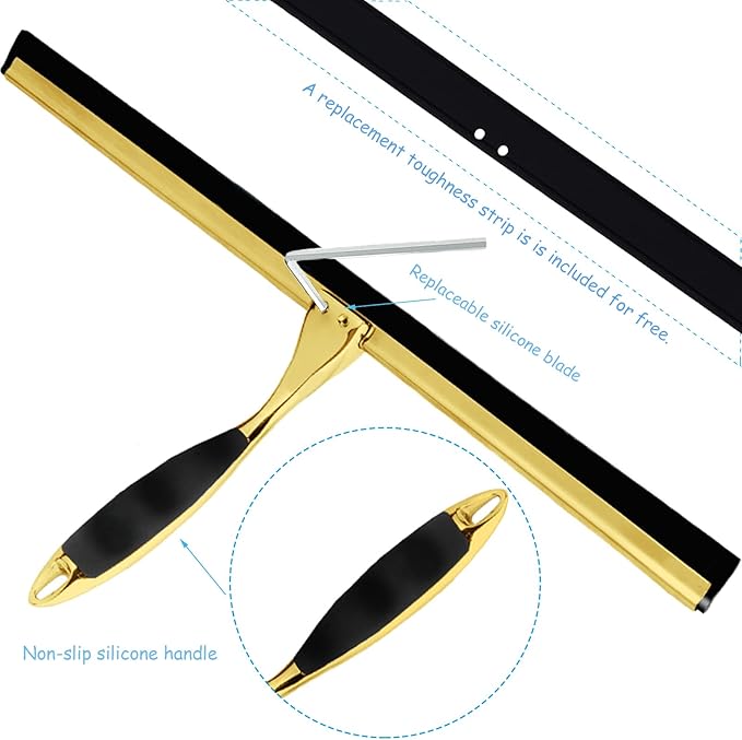 Shower Squeegee for Glass Doors, 14 Inches Bathroom Squeegee with Spare Silicone Blade, Shower Door Hook and Adhesive Hook, Stainless Steel Bathroom Squeegee for Mirror Window (14in-Gold-1 Pack)