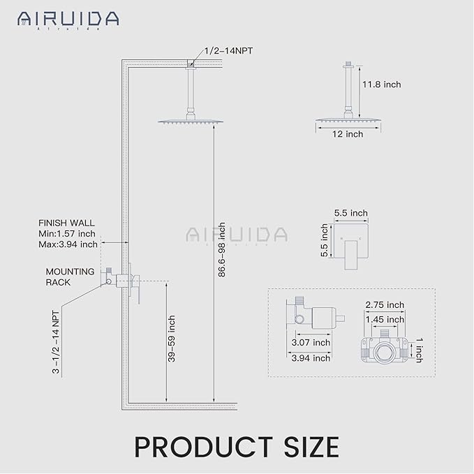 Airuida Shower Faucet Set and Handle Set Single Function Shower Trim Kit Ceiling Mount Rainfall Shower System with Male Threads and Rough-in Valve 12 Inch Square Shower Head Brushed Gold